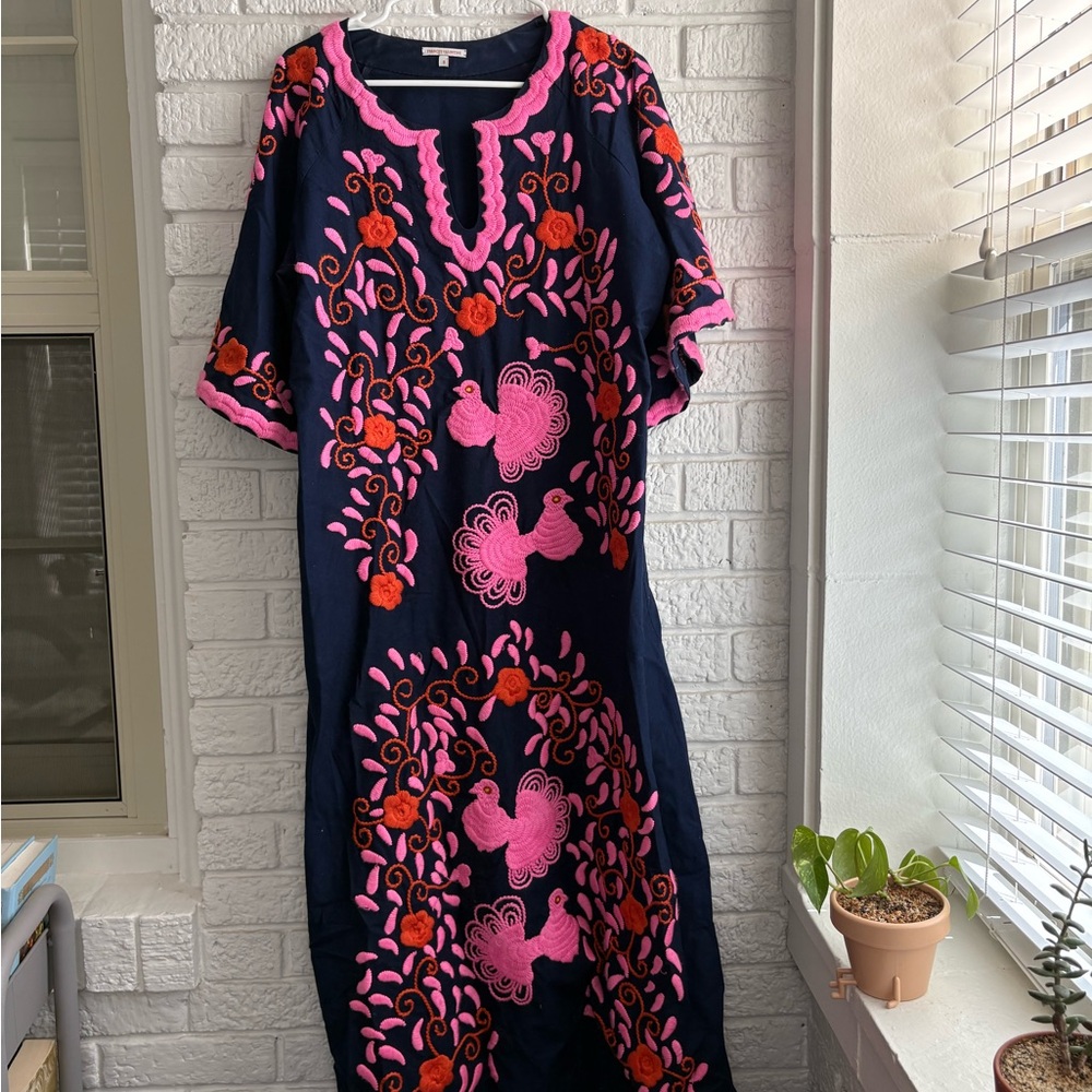 Frances Valentine Navy Maxi Dress with Pink & Orange Embroidery